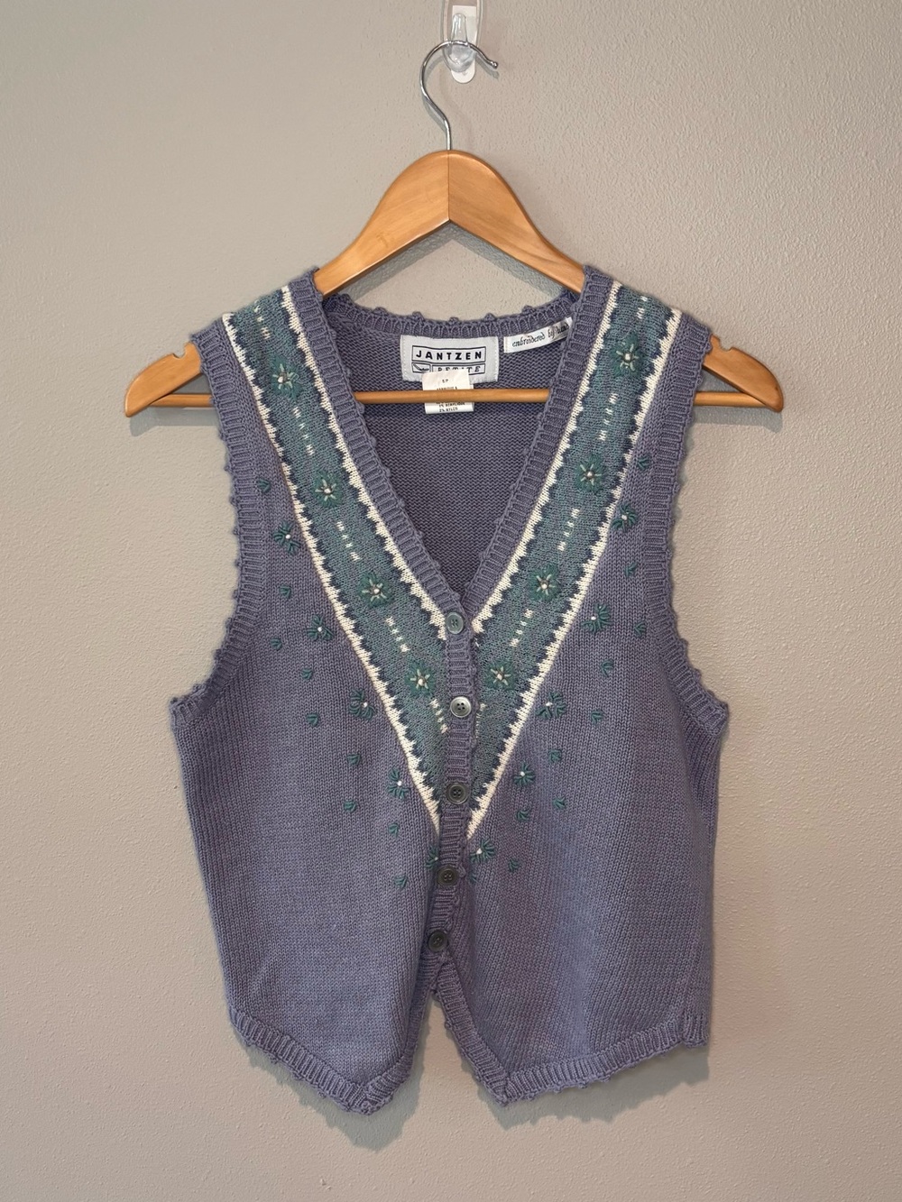 VINTAGE JANTZEN 90s Lavender Knit Vest w/ Green & Cream Trim Hand Embroidered SP